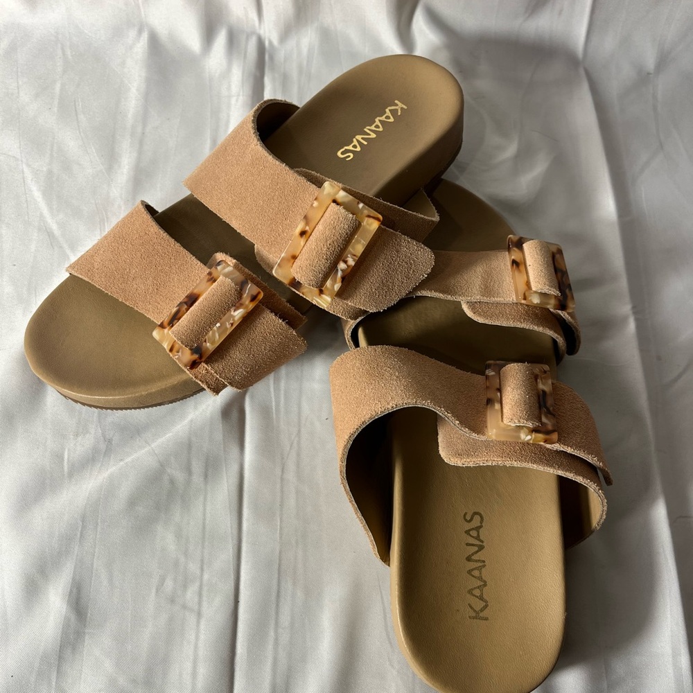 Kaanas Tan Suede Double-Buckle Slide Sandals